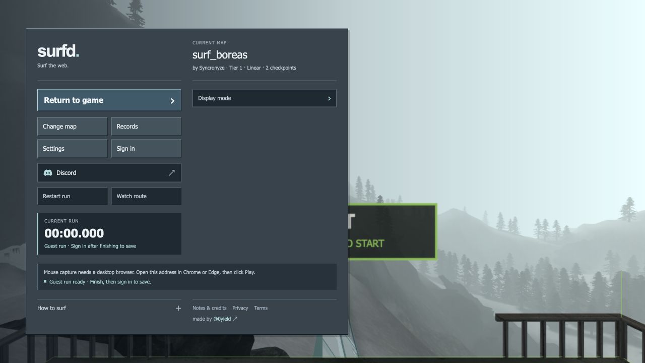 Actual Surfd Boreas map and pause menu with mouse-capture limitation