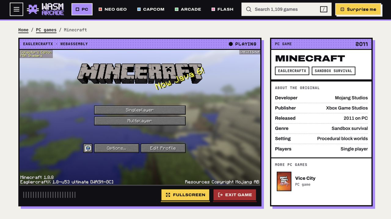 Actual EaglercraftX Minecraft main menu on WASM Arcade